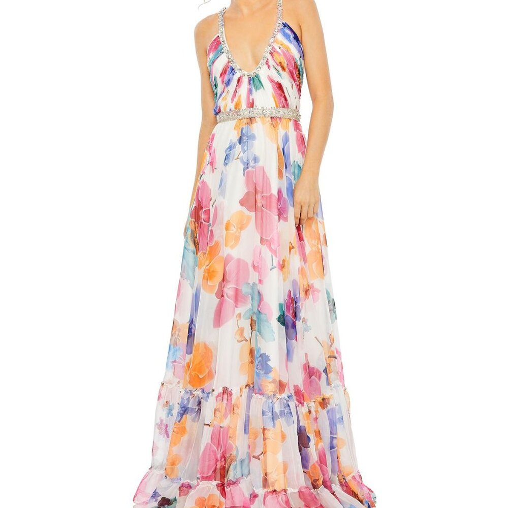 NWT Mac Duggal Plunge Neck‎ Floral A Line Gown Flirty Floral Dress sz 8 2219